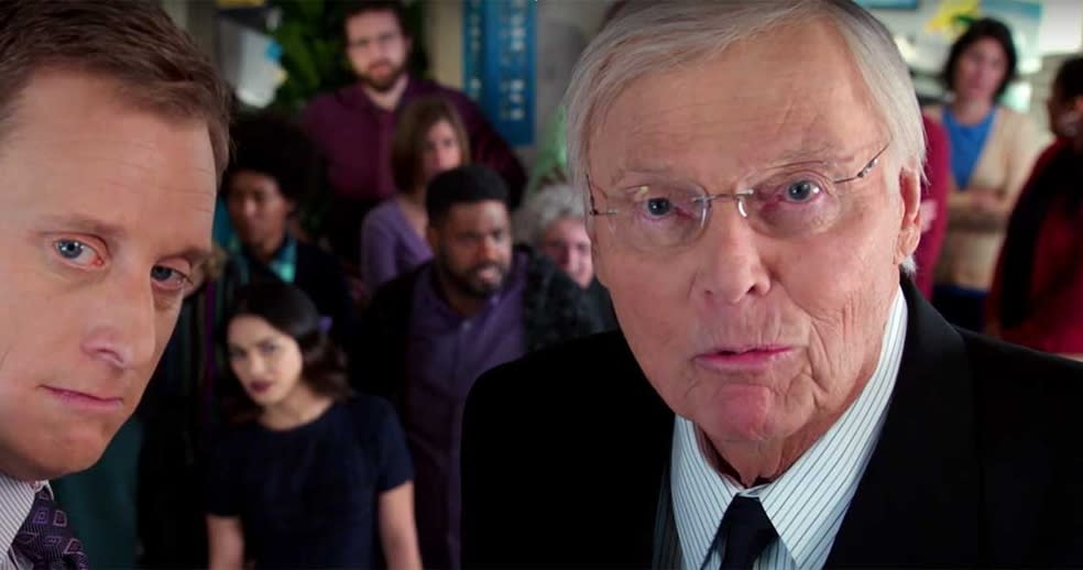 The last live-action appearance of Adam West in TV's 'Powerless,' with Alan Tudyk (credit: DC Entertainment/NBC)