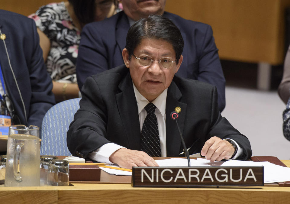 In this photo provided by the United Nations, Nicaragua's Foreign Minister Denis Moncada Colindres, addresses the United Nations Security Council, Wednesday, Sept. 5, 2018 at U.N. headquarters. (Loey Felipe/The United Nations via AP)
