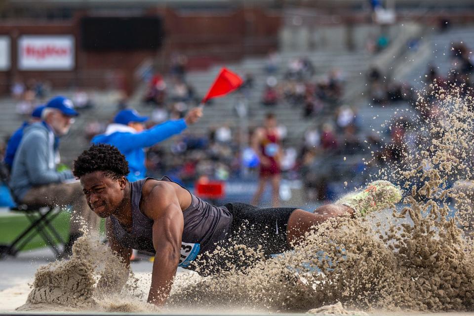 Southeast Polk's Abu Sama competes in the long jump during the Drake Relays, on Thursday, April 28, 2022, at Drake Stadium, in Des Moines. 