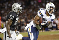 Robert Meachem #12 of the San Diego Chargers catches a forty six yard pass over Ron Bartell #21 of the Oakland Raiders in the first quarter of the season opener at Oakland-Alameda County Coliseum on September 10, 2012 in Oakland, California. (Photo by Thearon W. Henderson/Getty Images)