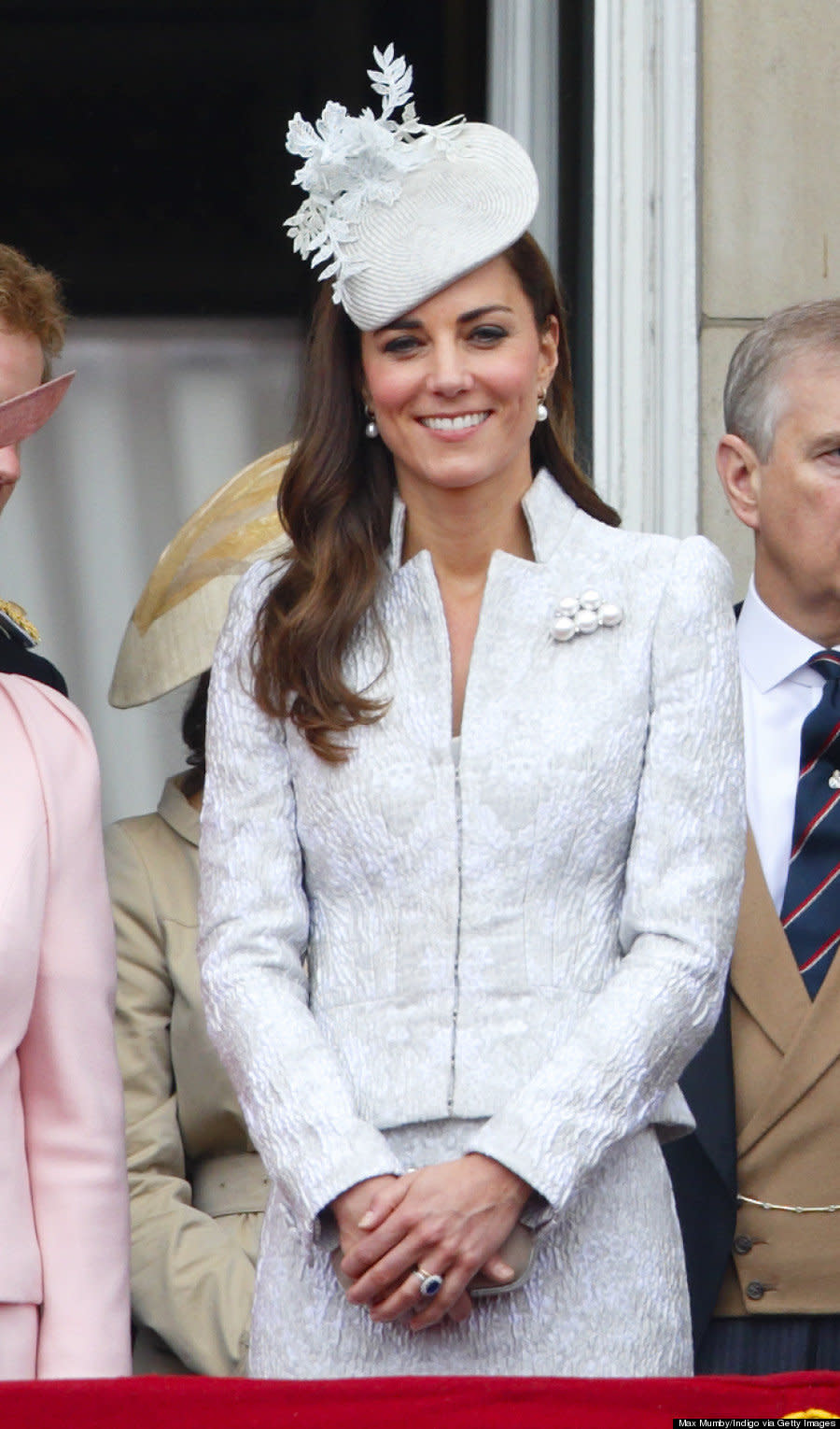 The Duchess stepped out in an ice blue brocade Alexander McQueen skirt suit for the annual Trooping the Colour Ceremony on June 14, 2014.