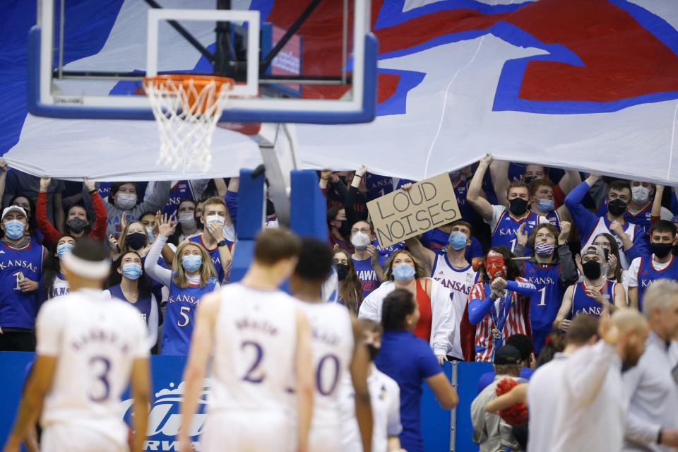 Kansas fans get loud during the second half of Saturday's game against West Virginia inside Allen Fieldhouse.