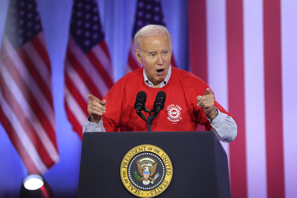 BELVIDERE, ILLINOIS - NOVEMBER 09: President Joe Biden speaks to autoworkers at the Community Complex Building on November 09, 2023 in Belvidere, Illinois. Biden was in Belvidere to celebrate the scheduled reopening of Stellantis' Belvidere Assembly Plant and the settlement of the United Auto Workers (UAW) strike. Stellantis has agreed to build a new midsize pickup truck and open a new electric vehicle battery plant at the Belvidere facility which has been shuttered since February. (Photo by Scott Olson/Getty Images)