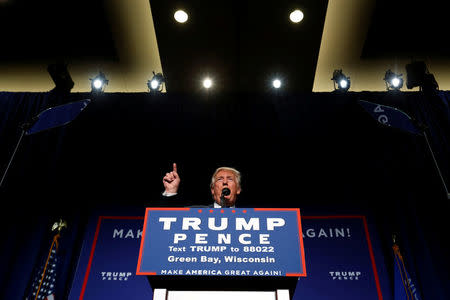 Republican presidential nominee Donald Trump holds a campaign rally in Green Bay, Wisconsin, U.S. October 17, 2016. REUTERS/Jonathan Ernst