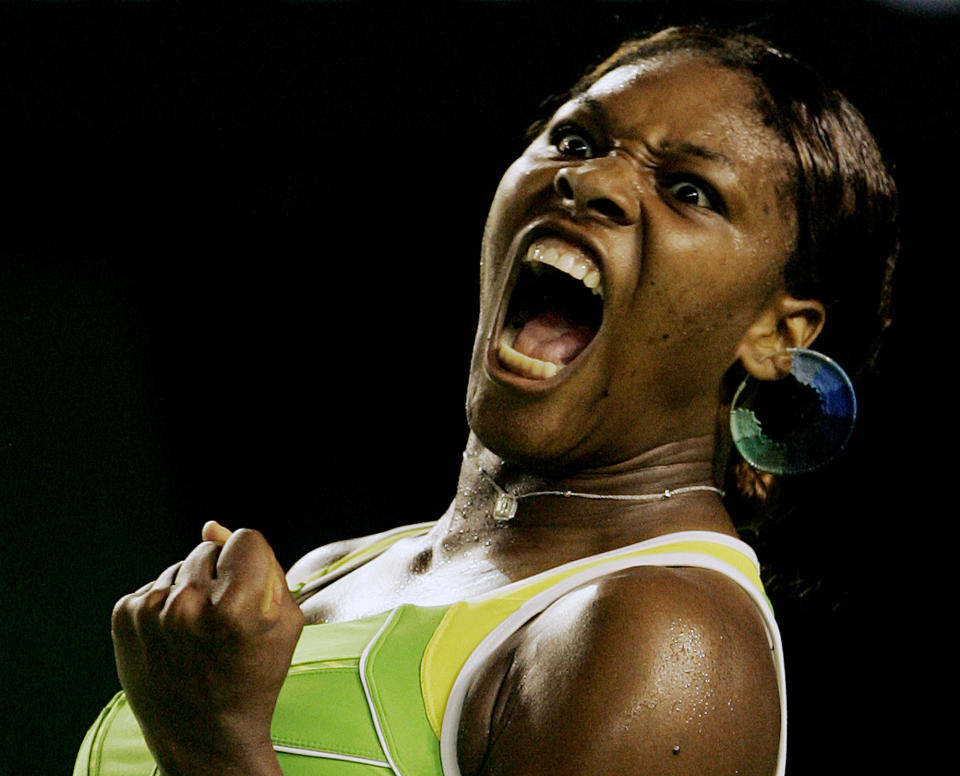 FILE - Serena Williams reacts during her fourth round match against Serbia's Jelena Jankovic at the Australian Open tennis tournament in Melbourne, Jan. 21, 2007. Serena Williams says she is ready to step away from tennis after winning 23 Grand Slam titles, turning her focus to having another child and her business interests. “I’m turning 41 this month, and something’s got to give,” Williams wrote in an essay released Tuesday, Aug. 9, 2022, by Vogue magazine. (AP Photo/Rick Stevens, File)