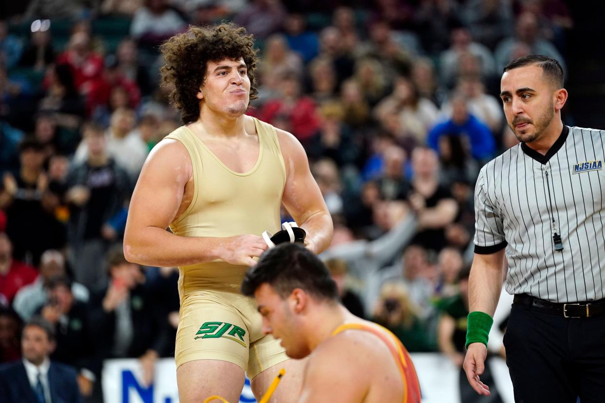 Jim Mullen of St. Joseph's Montvale reacts after winning the 285-pound final over Dominick Brogna of Bergen Catholic by fall on Day 3 of the NJSIAA state wrestling championships in Atlantic City on Thursday, March 5, 2022.