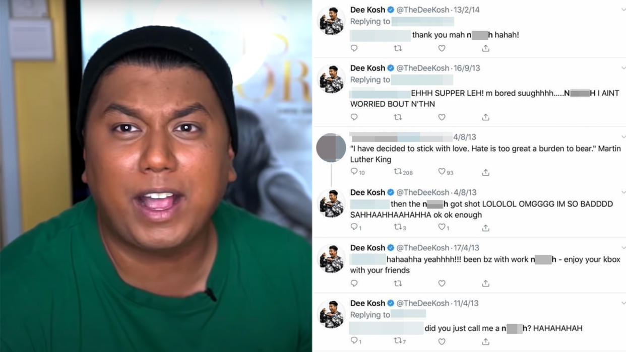 YouTuber Dee Kosh has apologised for his past offensive tweets, in which he used a derogatory term for African-Americans. (PHOTOS: YouTube screengrab / Twitter screengrab)