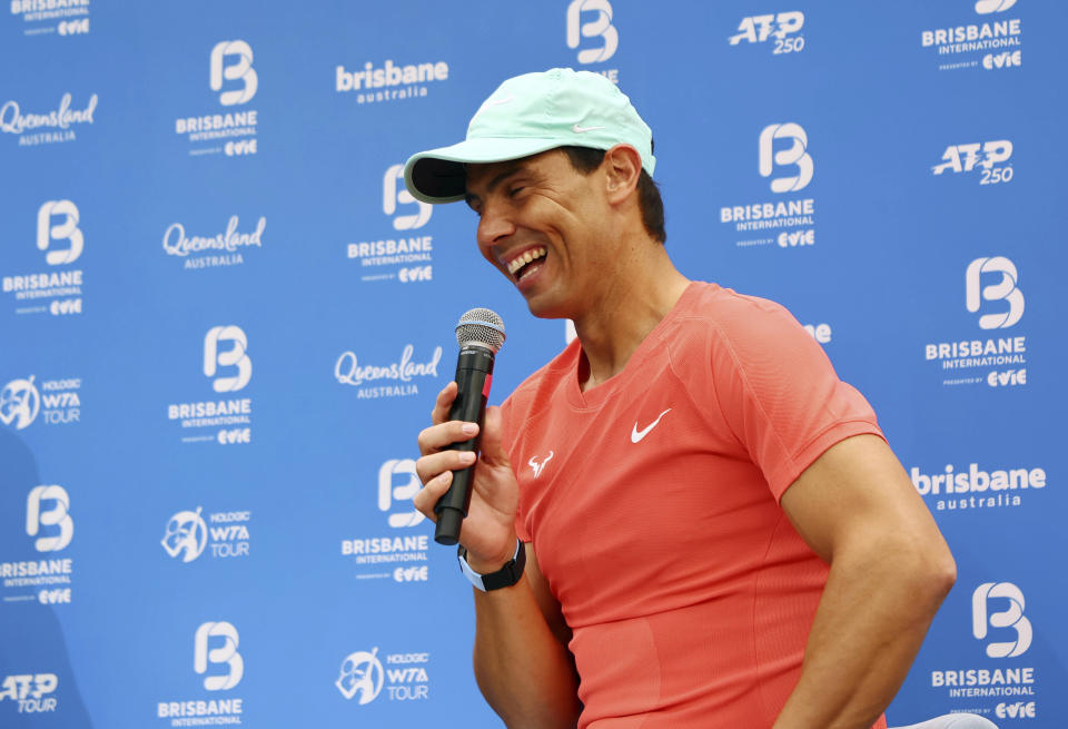 Rafael Nadal of Spain smiles during a public appearance in the Queen Street Mall ahead of the Brisbane International tennis tournament in Brisbane, Australia, Friday, Dec. 29, 2023. (AP Photo/Tertius Pickard)