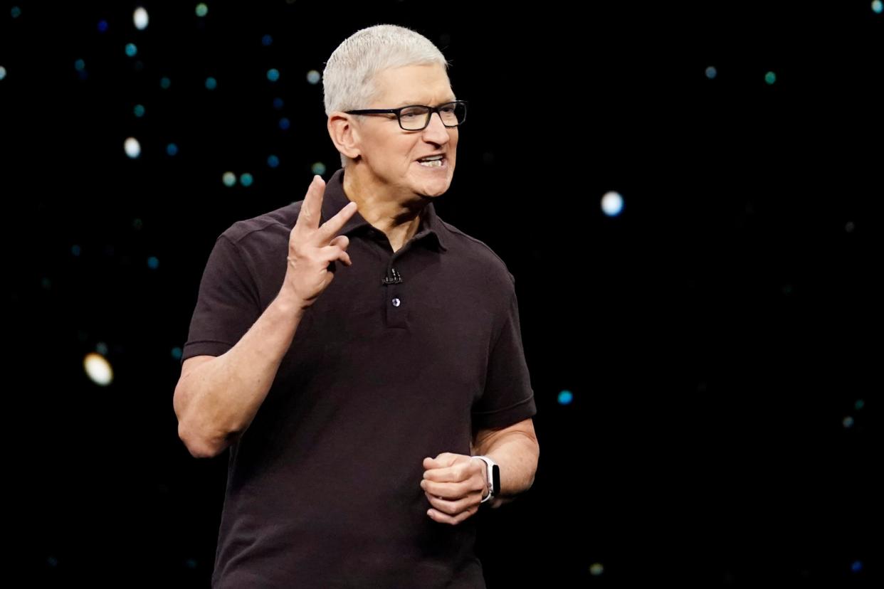 Apple CEO Tim Cook speaks at an Apple event on the campus of Apple's headquarters in Cupertino, Calif., Wednesday, Sept. 7, 2022. (AP Photo/Jeff Chiu) ORG XMIT: NYOTK