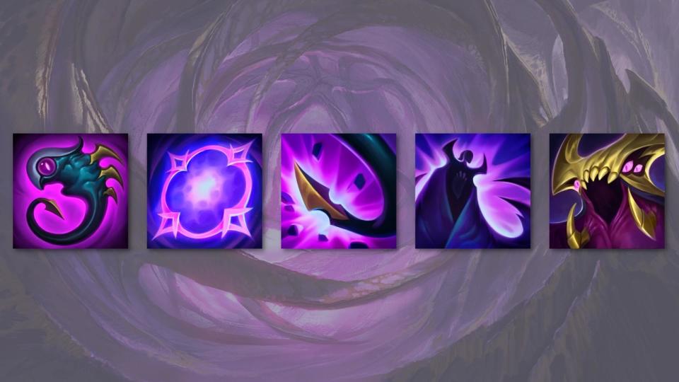 )Icons representing Bel'veth's ability kit in League of Legends: Death in Lavender, Void Surge, Above and Below, Royal Maelstrom, Endless Banquet. (Photo: Riot Games