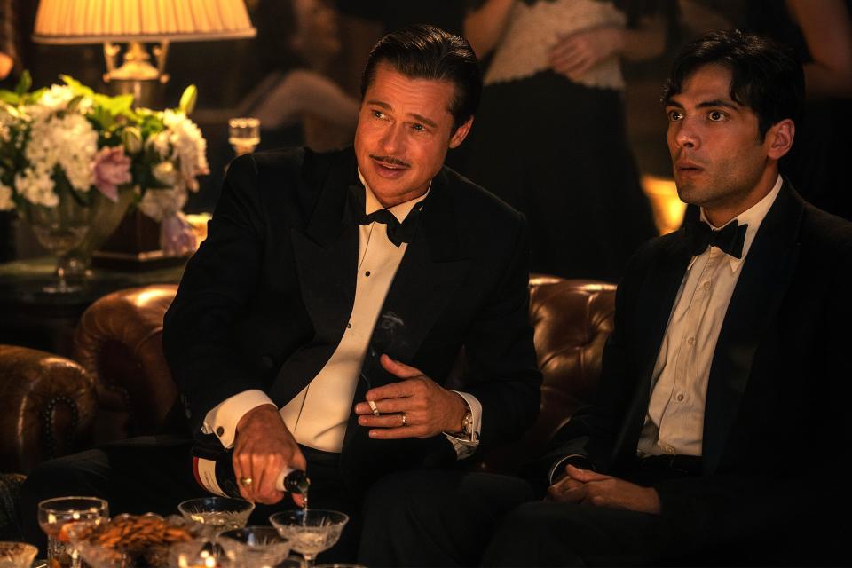 Brad Pitt plays Jack Conrad and Diego Calva plays Manny Torres in Babylon from Paramount Pictures.