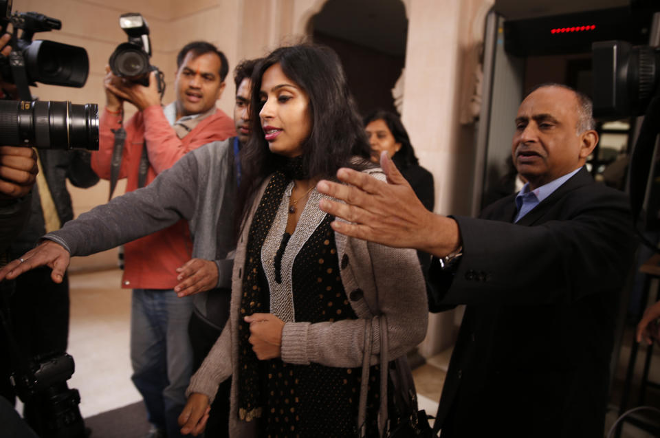 Devyani Khobragade leaves Maharastra Sadan state house in New Delhi, India, Saturday, Jan. 11, 2014. Khobragade, 39, is accused of exploiting her Indian-born housekeeper and nanny, allegedly having her work more than 100 hours a week for low pay and lying about it on a visa form. Khobragade has maintained her innocence, and Indian officials have described her treatment as barbaric. (AP Photo/Saurabh Das)