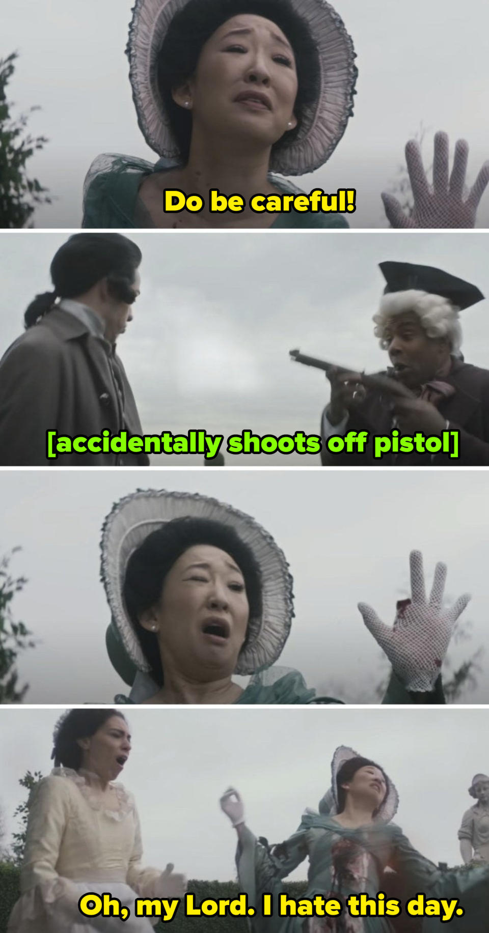 Sandra Oh getting shot through her chest and hands in the "Duel" sketch