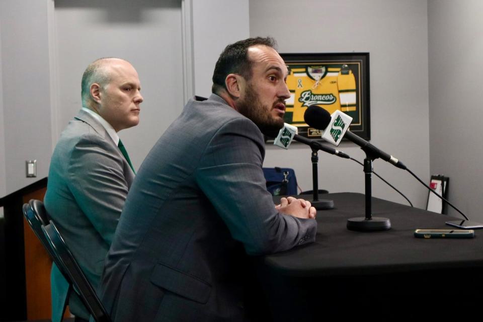 Saskatchewan Roughriders CFO Kent Paul, left, and CEO Craig Reynolds discuss the team's 2023-24 financial report with media.