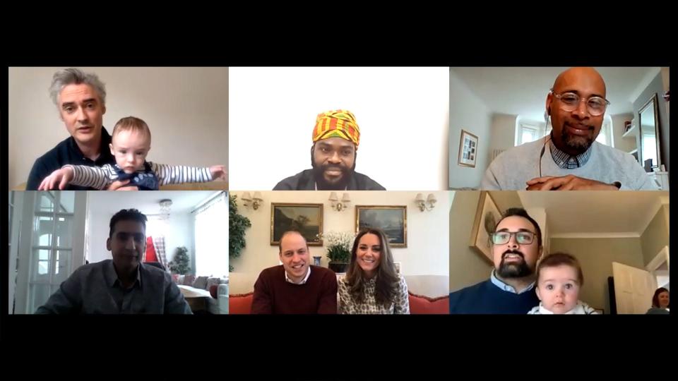 The Duke and Duchess of Cambridge, center bottom, recently participated in a call organized by the charity Future Men. Those involved included Graeme Mackenzie and Liam (top row from left), Darren Smith and Owen Thomas; and Sarit Chaturvedi (bottom left) and Peter Sen and Elliott (bottom right).