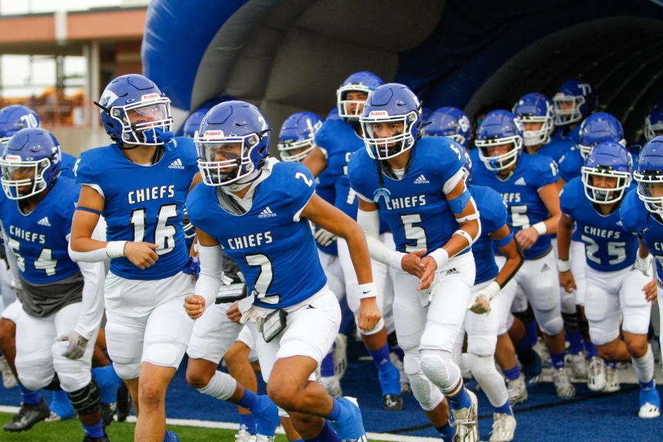 The Lake View football team runs out of the tunnel at San Angelo Stadium on Sept. 15, 2023.