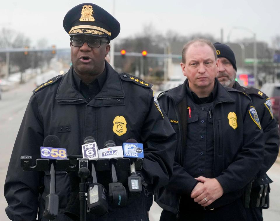 Milwaukee Police Chief Jeffrey Norman takes part in a Feb. 21 press conference, located near 8900 W. Silver Spring Drive, following the fatal police shooting of 31-year-old Herman Lucas.