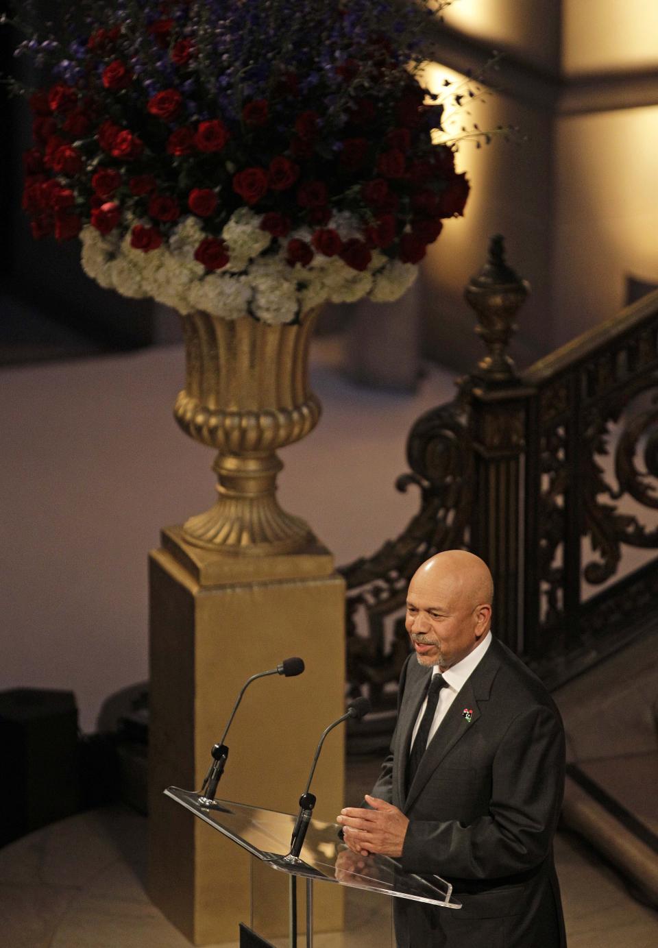 Ali Suleiman Aujali, the Libyan Ambassador to the United States, speaks during a public memorial in honor of slain U.S. Ambassador J. Christopher Stevens in the rotunda at City Hall in San Francisco, Tuesday, Oct. 16, 2012. Stevens, 52, and three other Americans were killed Sept. 11 when gunmen attacked the United States Mission in Benghazi, Libya. (AP Photo/Eric Risberg)