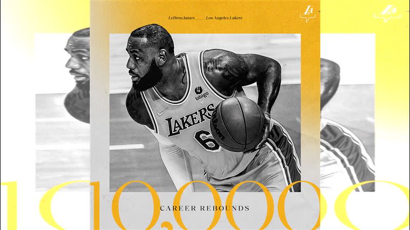 詹姆斯（LeBron James）達成生涯10000籃板里程碑。（圖／翻攝自湖人推特）