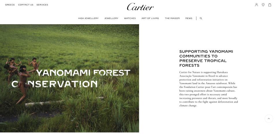 This frame, which was removed from Cartier's website, features an image of four Yanomami children playing in a lush green field while at the top of the page are links to purchase high-end jewelry. The French luxury jewelry brand said it was working to promote the culture of the Indigenous people and protect the rainforest. But the project that the site described never took place, and Cartier took down the photo when contacted by The Associated Press. (Cartier via AP)