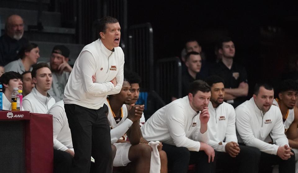 Iona coach Tobin Anderson yells from the bench during NCAA men's basketball action against Hofstra at Iona University in New Rochelle on Wednesday, Dec. 6, 2023.