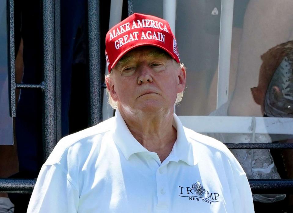 PHOTO: Former President Donald Trump looks on during Round 3 at the LIV Golf-Bedminster 2023 at the Trump National in Bedminster, New Jersey, on Aug. 13, 2023. (Timothy A. Clary/AFP via Getty Images)