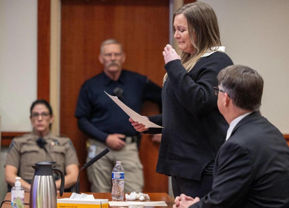 Natalie Hodson reads a statement to the judge during her sentencing hearing for the vehicular manslaughter of Kristina Rowley. Hodson was sentenced to a maximum of 15 years in prison with the possibly of parole after two years.