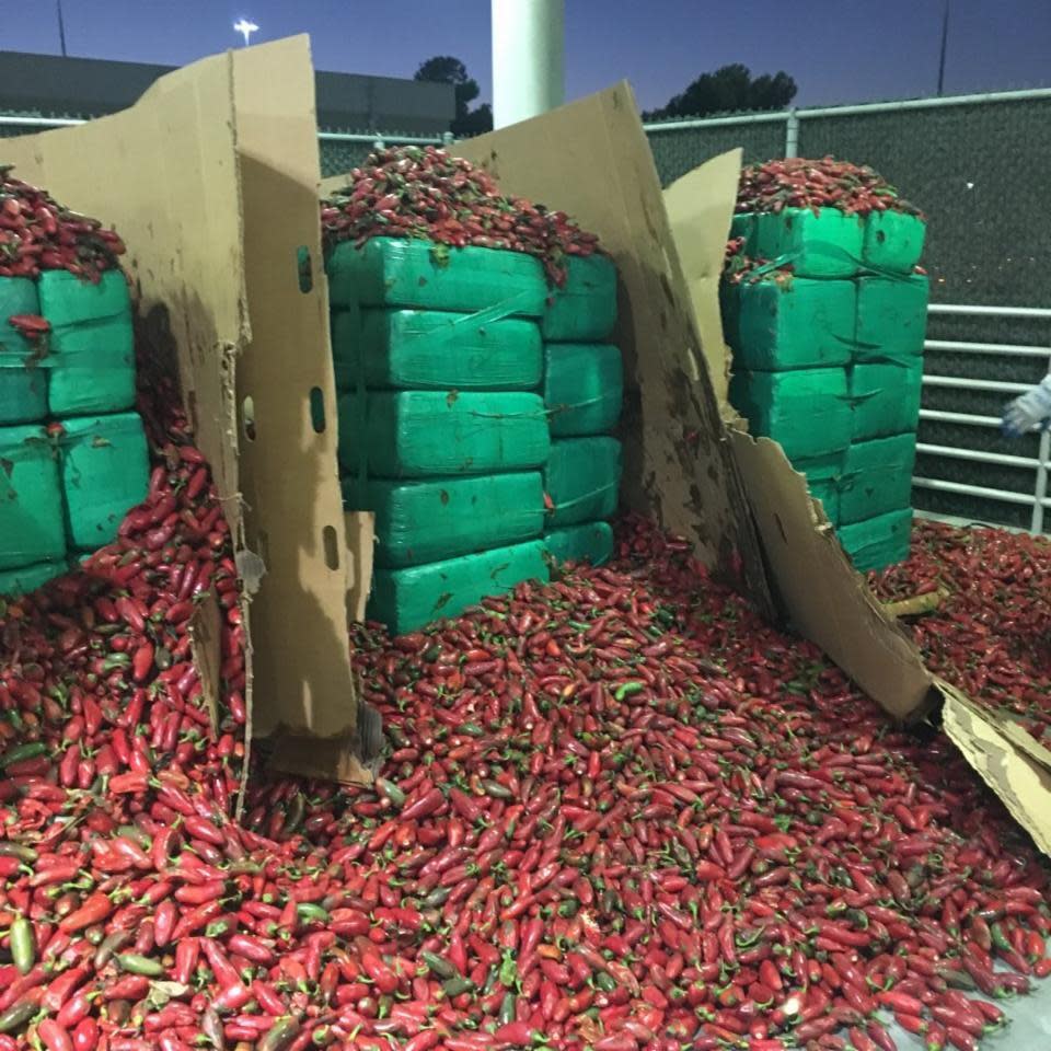 In this Thursday, Aug 15, 2019, photo released by U.S. Customs and Border Protection shows almost four tons of marijuana seized by Otay Mesa, CBP officers in Otay, Calif. Officials say they seized $2.3 million worth of marijuana mixed in with a shipment of jalapeño peppers at a Southern California port. A Customs and Border Protection K-9 unit alerted officers to a shipment of peppers Thursday at the Otay Mesa cargo facility in San Diego. A CBP news release says officers discovered more than 7,500 lbs (3401 kilograms) of marijuana in the peppers' pallets. Acting CBP Commissioner Mark Morgan congratulated the officers on Twitter. (U.S. Customs and Border Protection via AP)