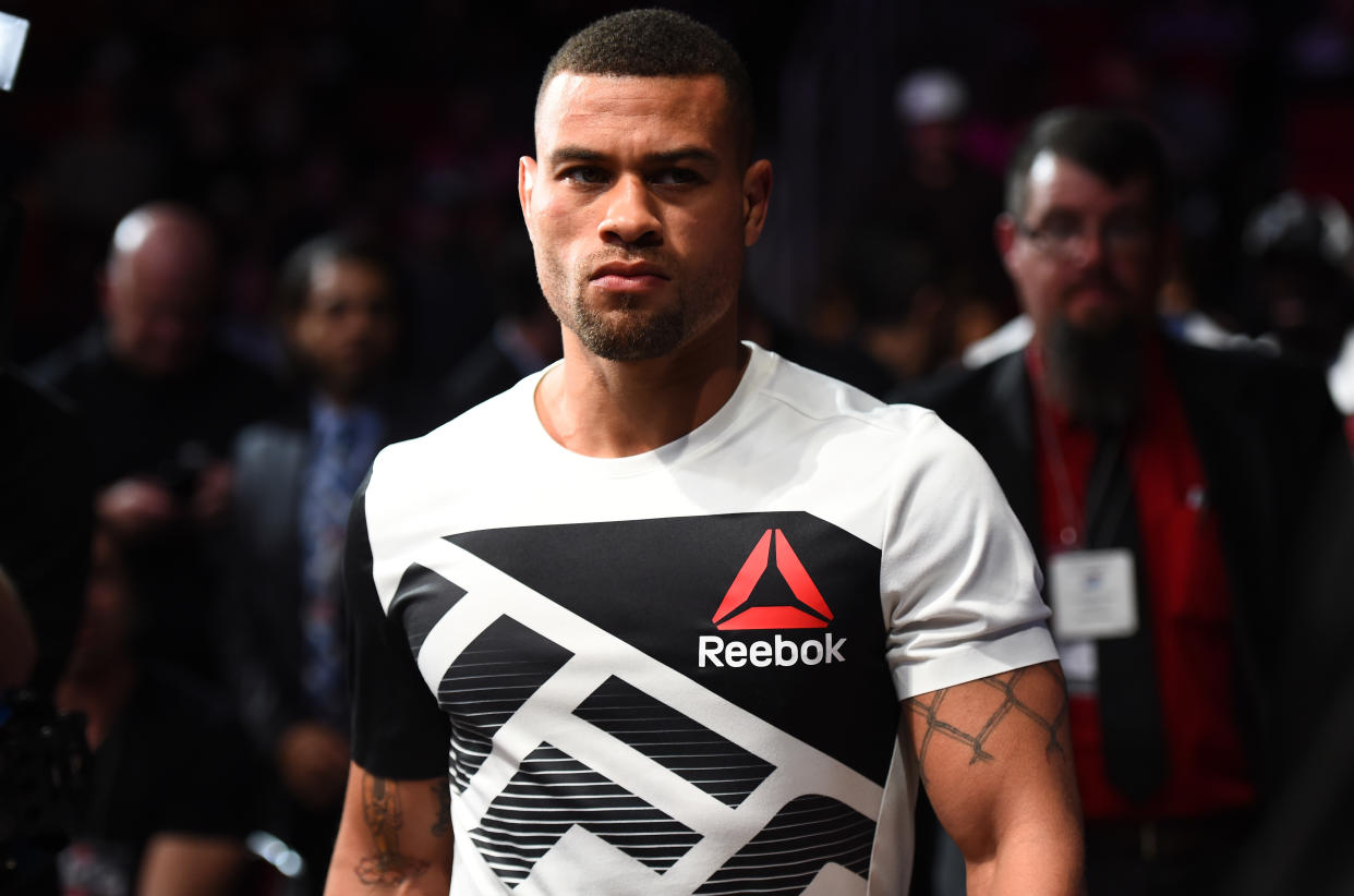 HOUSTON, TX - FEBRUARY 04:  Abel Trujillo prepares to enter the Octagon before facing James Vick in their lightweight bout during the UFC Fight Night event at the Toyota Center on February 4, 2017 in Houston, Texas. (Photo by Jeff Bottari/Zuffa LLC/Zuffa LLC via Getty Images)