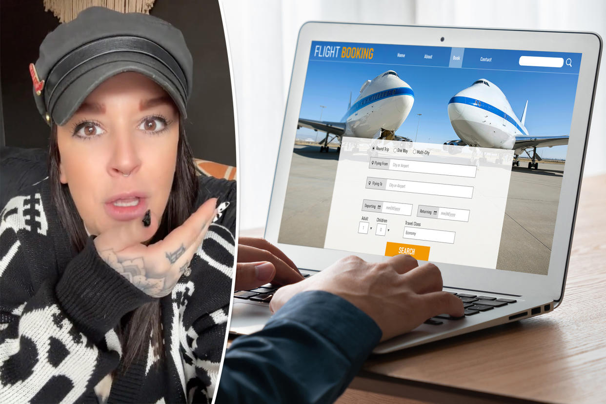 (Left) TikTok user Jennie Longdon. (Right) Person booking airline tickets on a computer.