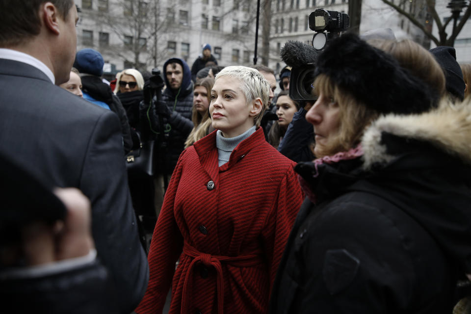 NEW YORK, UNITED STATES, JANUARY 6, 2020: Rose McGowen leaves a press conference during Harvey Weinstein's first day in court. According to CNN Mr. Weinstein was accused by more than eighty women of sexual abuse ranging from harassment to rape. He is charged with predatory sexual assault, criminal sexual act, first-degree rape and third-degree rape.- PHOTOGRAPH BY John Lamparski / Echoes Wire/ Barcroft Media (Photo credit should read John Lamparski / Echoes Wire / Barcroft Media via Getty Images)