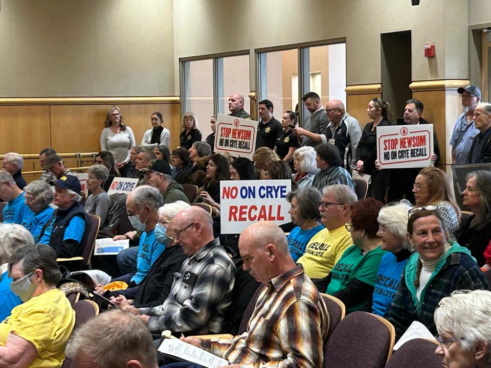 Opponents and supporters of the effort to recall Supervisor Kevin Crye filled the Shasta County Board of Supervisors' chamber for the Tuesday, Jan. 23, 2024, meeting.