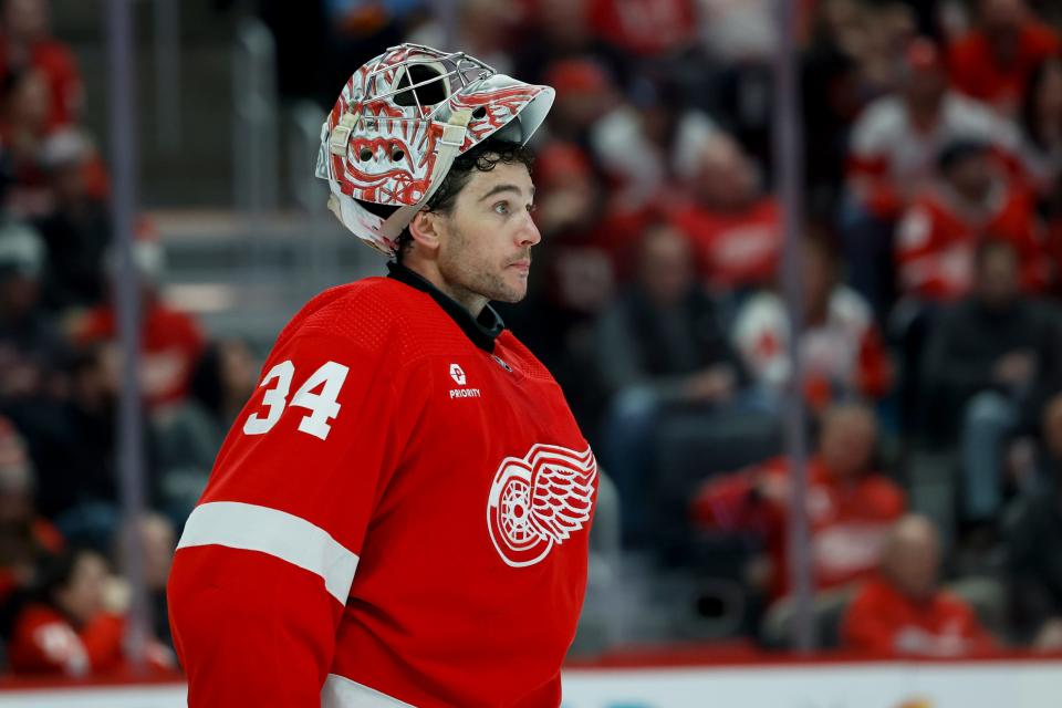 Detroit Red Wings goaltender Alex Lyon looks on in the third period against the Florida Panthers at Little Caesars Arena on Saturday, March 2, 2024, in Detroit.