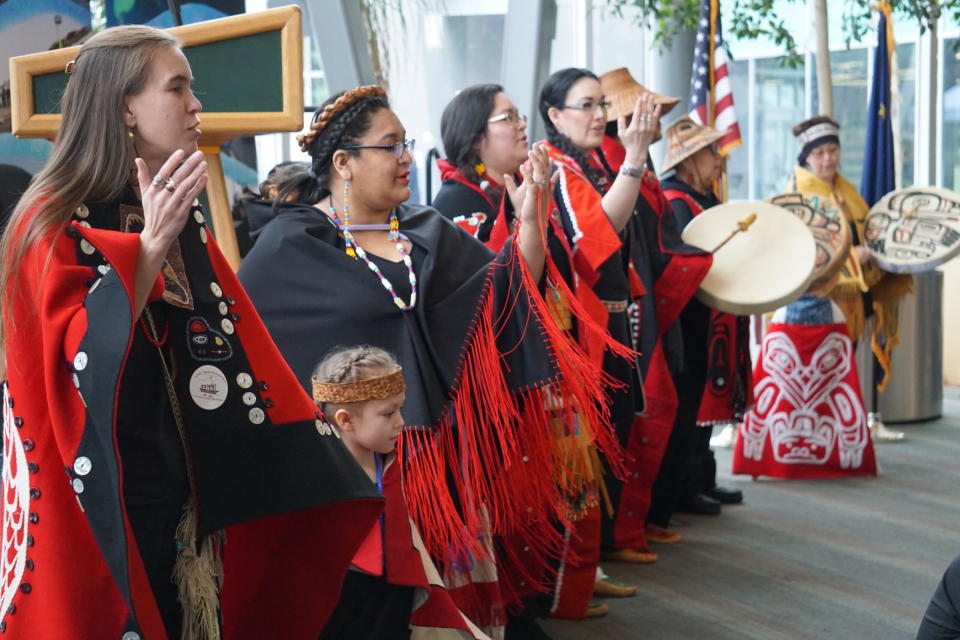 The Lepquinm Gumilgit Gagoadim Tsimshian Danders perform at Tuesday's ceremony at the University of Alaska Anchorage marking the opening of the ADAC-ARCTIC research center. (Photo by Yereth Rosen/Alaska Beacon)