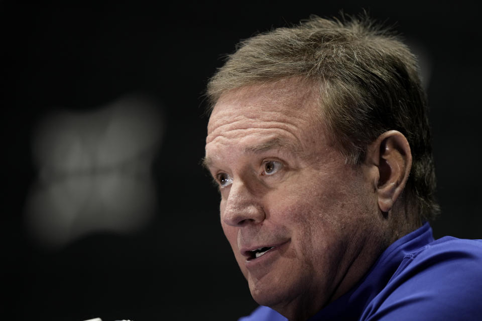 Kansas coach Bill Self speaks to the media during the NCAA college Big 12 men's basketball media day Wednesday, Oct. 18, 2023, in Kansas City, Mo. (AP Photo/Charlie Riedel)