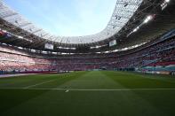 A partial view of the stadium prior to the start of the Euro 2020 soccer championship group F match between Hungary and Portugal at the Ferenc Puskas stadium in Budapest, Hungary Monday, June 15, 2021. (AP Photo/Darko Bandic, Pool)