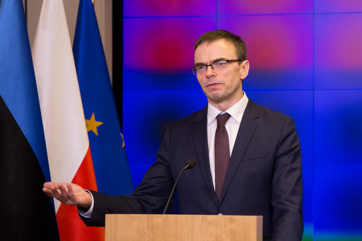 Sven Mikser, Estonia’s minister of foreign affairs, at a press conference in Warsaw after meeting his Polish counterpart on Feb. 9 (Photo: Mateusz Wlodarczyk/NurPhoto via Getty Images)