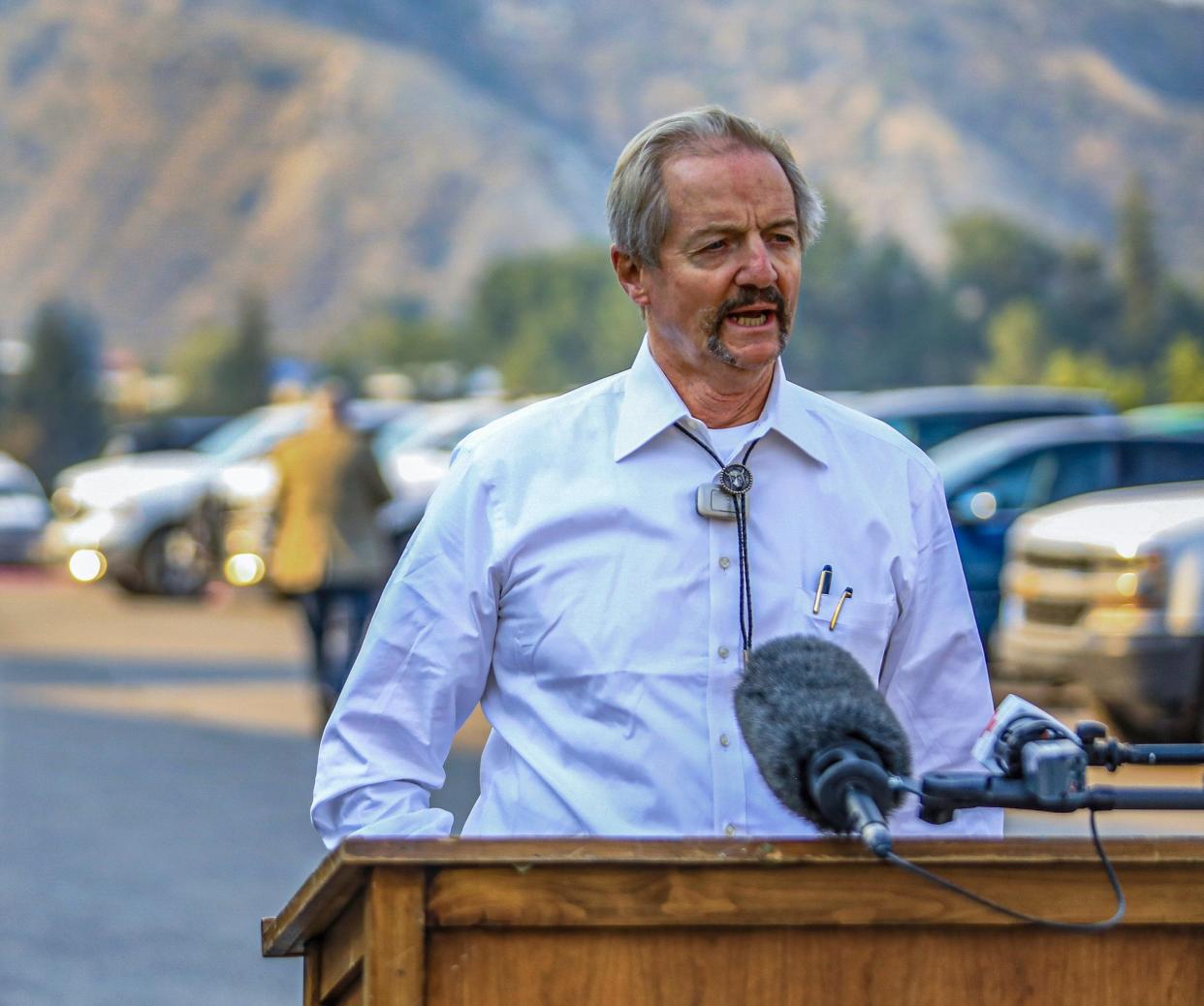 William Perry Pendley, acting director of the Bureau of Land Management, speaks to the media on the Grizzly Creek Fire in Eagle, Colorado on 14 August 2020. (AP)
