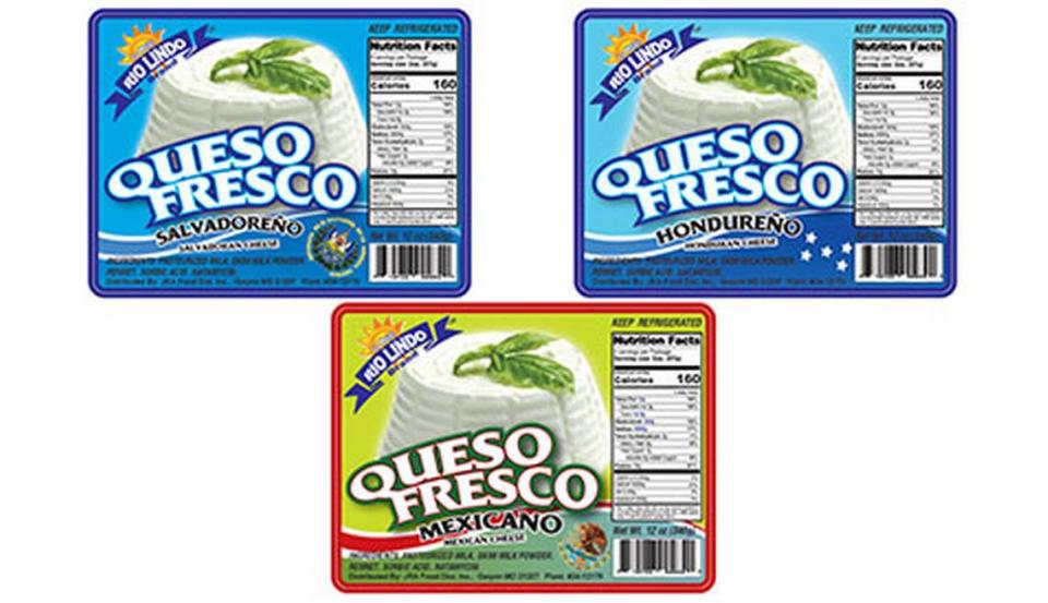 The labels for recalled Rio Lindo Queso Fresco Mexicano, Queso Fresco Hondureño, Queso Fresco Salvadoreño