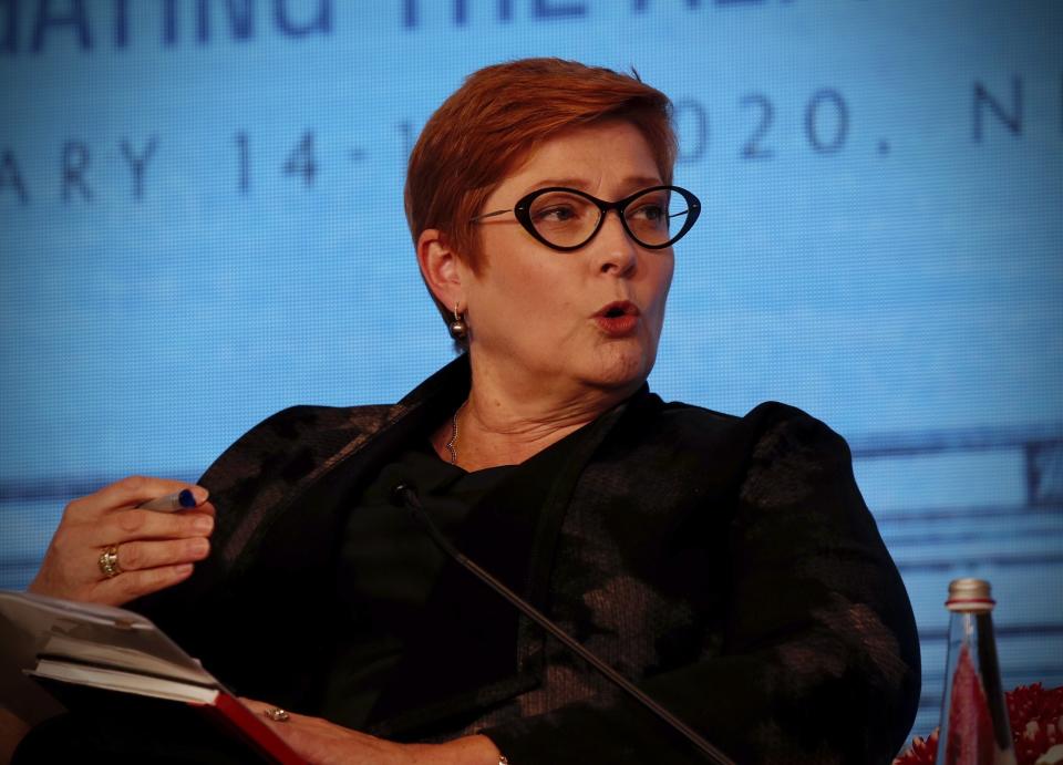 Australian Foreign Minister Marise Payne shares her views at a panel discussion during Raisina Dialogue, a global conference in New Delhi, India, Thursday, Jan. 16, 2020. (AP Photo/Manish Swarup)