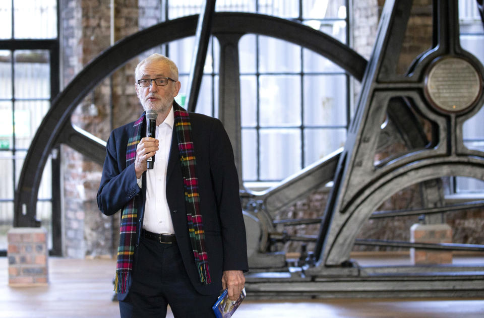 Britain's Labour Party leader Jeremy Corbyn visits the National Mining Museum at the former Lady Victoria Colliery in Newtongrange, Scotland, Thursday Nov, 14, 2019, on the General Election campaign trail. (Jane Barlow/PA via AP)
