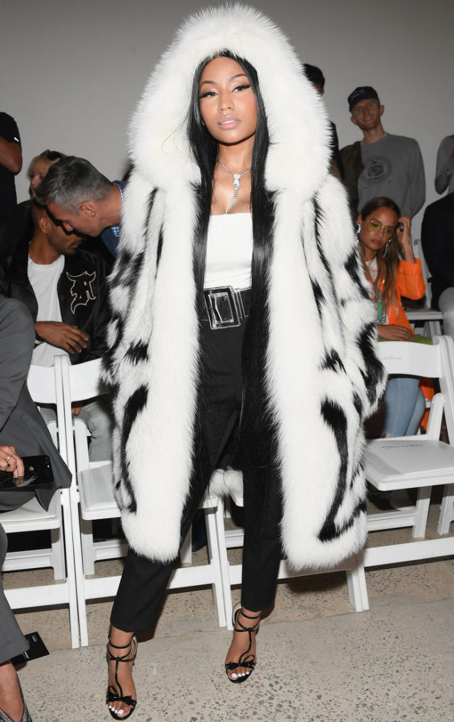 Nicki Minaj: Shearling Jacket, Metallic Dress