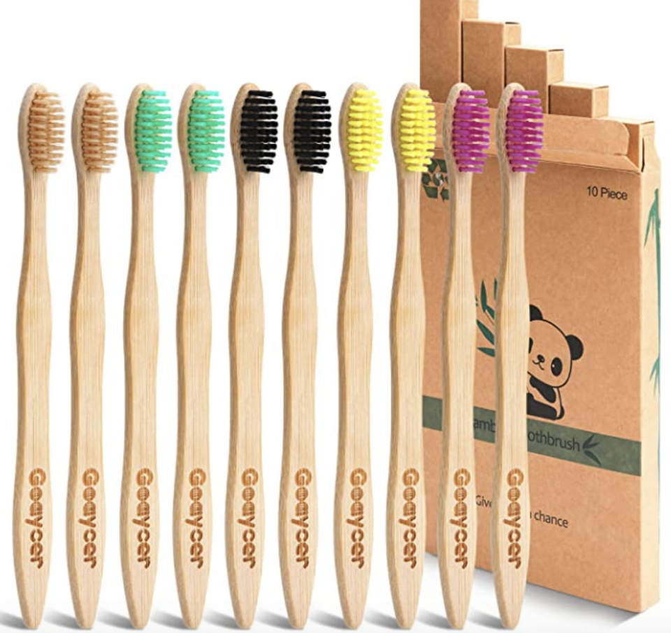 Eco-friendly bamboo toothbrush, 10 pack medium-firm bristles, biodegradable. PHOTO: Amazon