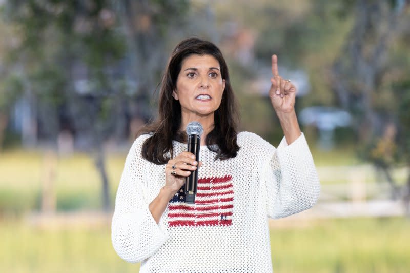 Former U.N. Ambassador Nikki Haley has called on the Biden administration to freeze $6 billion in Iranian assets and send those funds to Israel. File Photo by Richard Ellis/UPI