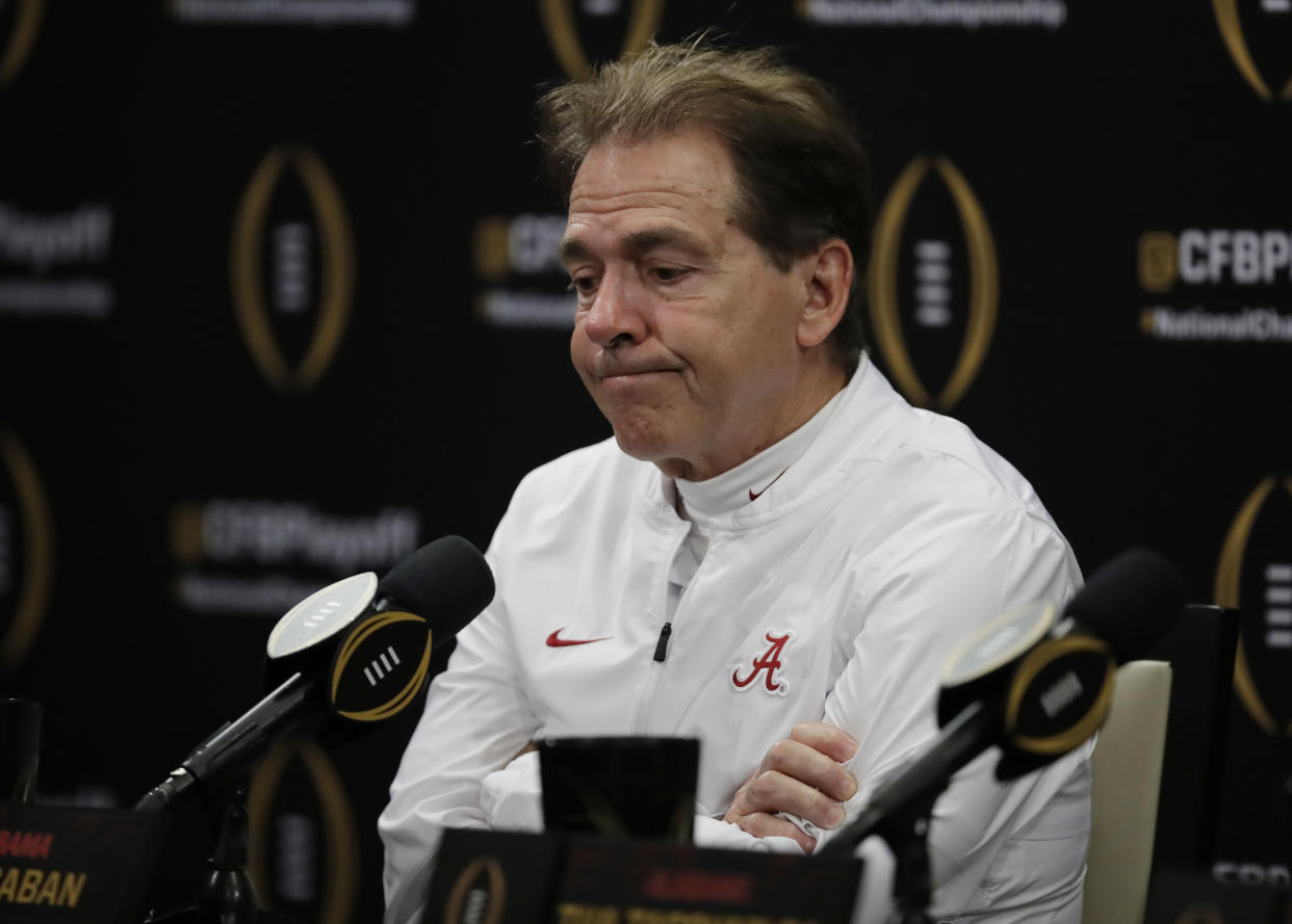 Alabama head coach Nick Saban reacts after the NCAA college football playoff championship game against Clemson, Monday, Jan. 7, 2019, in Santa Clara, Calif. Clemson beat Alabama 44-16. (AP Photo/Ben Margot)