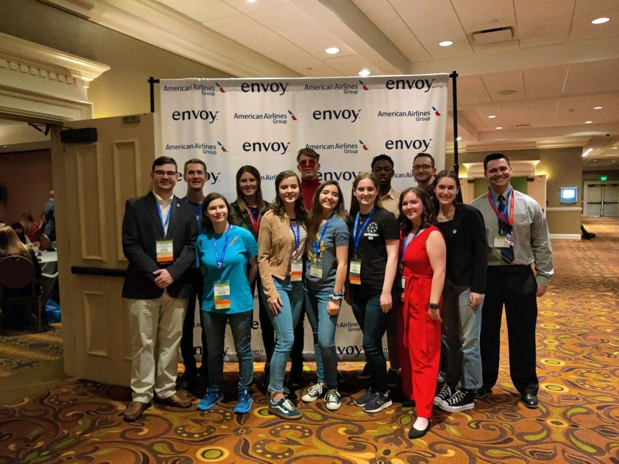 Representing Southeastern at the WAI conference, were, back row, left to right, Nathaniel Augustine, Luke Weigel, Kelley Coston, Mark Brummett, Tarique Lyons, Robert Chavez, and Garett Stocking. Front row, left to right, Marie Williams, Reagan Benson, Tatiana Beach, Victoria Bennett, Danilynn Brown, and Audrey Conard.