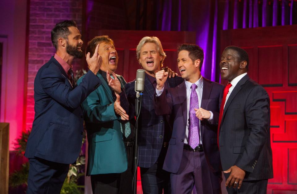 The Gaither Vocal Band records a video for its Grammy-nominated 2022 album, That's Gospel, Brother. From left to right, Adam Crabb, Bill Gaither, Reggie Smith, Wes Hampton and Todd Suttles
