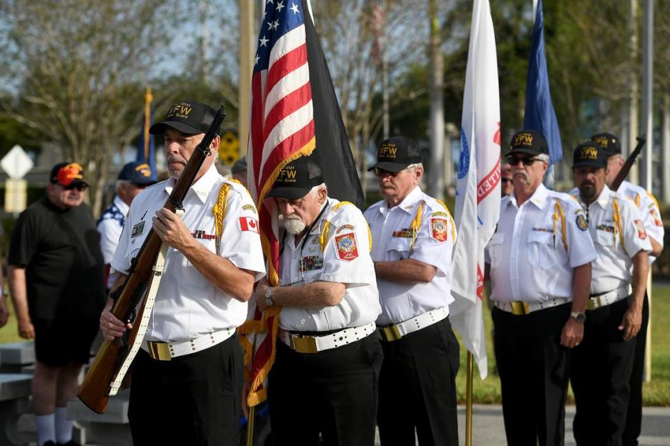 A color guard from the Palma Sola VFW Post 10141 begins a ceremony honoring the 50 year anniversary of the peace treaty that ended the Vietnam War at the Veteran’s Monument in Bradenton Wednesday, March 29, 2023.