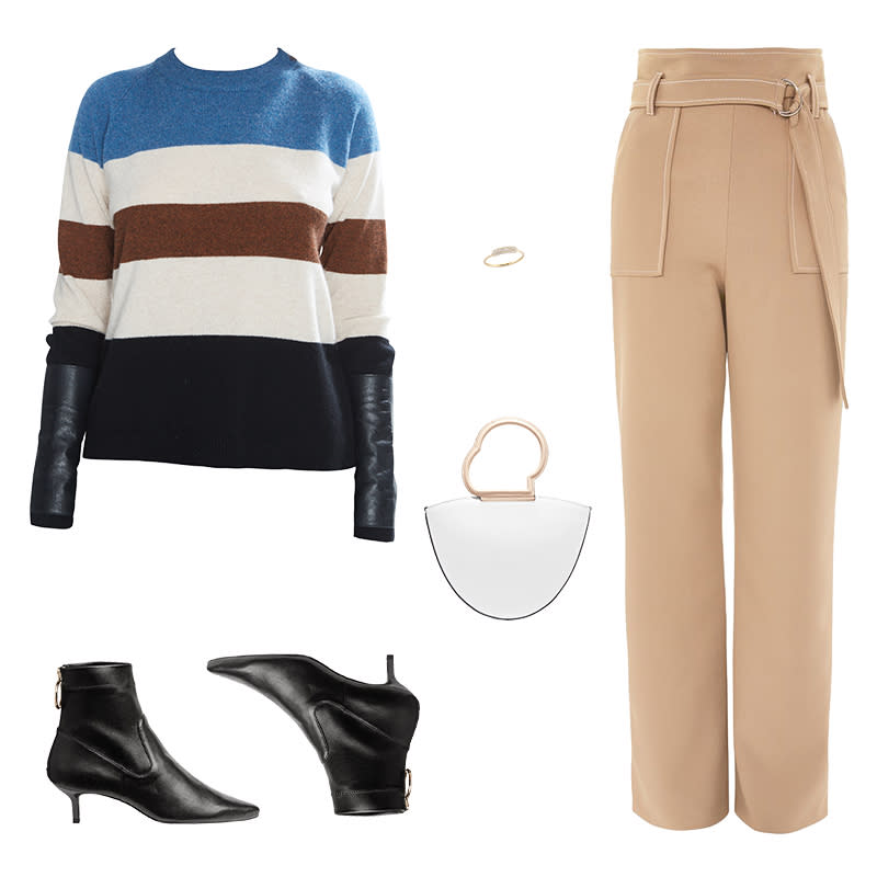 <a rel="nofollow noopener" href="https://rstyle.me/n/cwmt5dchdw" target="_blank" data-ylk="slk:Gus Cashmere Sweater Stripe, Veda, $278A multi-colored knit instantly jazzes up a pair of tailored trousers. Sleek accessories ensure the look is sophisticated enough for the office.;elm:context_link;itc:0;sec:content-canvas" class="link ">Gus Cashmere Sweater Stripe, Veda, $278<p>A multi-colored knit instantly jazzes up a pair of tailored trousers. Sleek accessories ensure the look is sophisticated enough for the office.</p> </a><a rel="nofollow noopener" href="https://click.linksynergy.com/deeplink?id=30KlfRmrMDo&mid=35861&murl=http%3A%2F%2Fus.topshop.com%2Fen%2Ftsus%2Fproduct%2Fclothing-70483%2Fpants-70502%2Ftopstitch-wide-leg-trousers-7305109%3Fbi%3D0%26ps%3D20%20%20" target="_blank" data-ylk="slk:Topstitch Wide Leg Trousers, Topshop, $100A multi-colored knit instantly jazzes up a pair of tailored trousers. Sleek accessories ensure the look is sophisticated enough for the office.;elm:context_link;itc:0;sec:content-canvas" class="link ">Topstitch Wide Leg Trousers, Topshop, $100<p>A multi-colored knit instantly jazzes up a pair of tailored trousers. Sleek accessories ensure the look is sophisticated enough for the office.</p> </a><a rel="nofollow noopener" href="https://rstyle.me/n/cwmt55chdw" target="_blank" data-ylk="slk:Leather Ankle Boots, H&M, $70A multi-colored knit instantly jazzes up a pair of tailored trousers. Sleek accessories ensure the look is sophisticated enough for the office.;elm:context_link;itc:0;sec:content-canvas" class="link ">Leather Ankle Boots, H&M, $70<p>A multi-colored knit instantly jazzes up a pair of tailored trousers. Sleek accessories ensure the look is sophisticated enough for the office.</p> </a><a rel="nofollow noopener" href="https://rstyle.me/~afMgQ" target="_blank" data-ylk="slk:Lilou Leather Tote, Danse Lente, $455A multi-colored knit instantly jazzes up a pair of tailored trousers. Sleek accessories ensure the look is sophisticated enough for the office.;elm:context_link;itc:0;sec:content-canvas" class="link ">Lilou Leather Tote, Danse Lente, $455<p>A multi-colored knit instantly jazzes up a pair of tailored trousers. Sleek accessories ensure the look is sophisticated enough for the office.</p> </a><a rel="nofollow noopener" href="http://barbeladesign.com/product/diamond-cole-ring/" target="_blank" data-ylk="slk:Diamond Cole Ring, Barbela Design, $700A multi-colored knit instantly jazzes up a pair of tailored trousers. Sleek accessories ensure the look is sophisticated enough for the office.;elm:context_link;itc:0;sec:content-canvas" class="link ">Diamond Cole Ring, Barbela Design, $700<p>A multi-colored knit instantly jazzes up a pair of tailored trousers. Sleek accessories ensure the look is sophisticated enough for the office.</p> </a><p> <strong>Related Articles</strong> <ul> <li><a rel="nofollow noopener" href="http://thezoereport.com/fashion/style-tips/box-of-style-ways-to-wear-cape-trend/?utm_source=yahoo&utm_medium=syndication" target="_blank" data-ylk="slk:The Key Styling Piece Your Wardrobe Needs;elm:context_link;itc:0;sec:content-canvas" class="link ">The Key Styling Piece Your Wardrobe Needs</a></li><li><a rel="nofollow noopener" href="http://thezoereport.com/living/relationships/top-baby-names-2018/?utm_source=yahoo&utm_medium=syndication" target="_blank" data-ylk="slk:These Are The Top Baby Names For 2018;elm:context_link;itc:0;sec:content-canvas" class="link ">These Are The Top Baby Names For 2018</a></li><li><a rel="nofollow noopener" href="http://thezoereport.com/entertainment/culture/even-the-fashion-sets-favorite-fitness-mogul-was-allergic-to-exercise/?utm_source=yahoo&utm_medium=syndication" target="_blank" data-ylk="slk:How One Fitness Mogul Learned To Love Working Out;elm:context_link;itc:0;sec:content-canvas" class="link ">How One Fitness Mogul Learned To Love Working Out</a></li> </ul> </p>