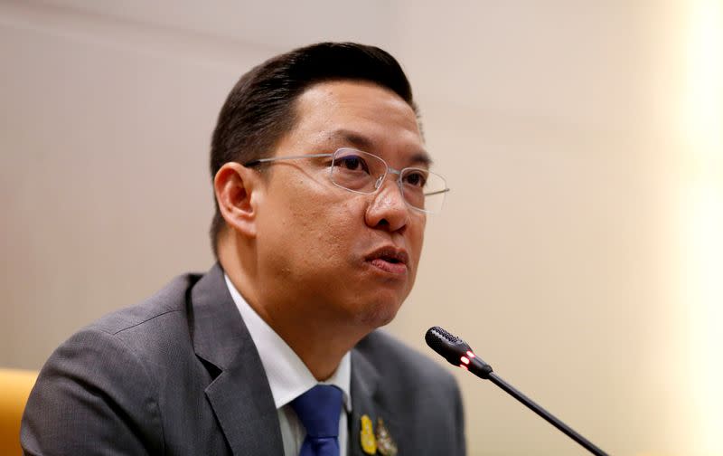 FILE PHOTO: Thailand's minister of Digital Economy and Society Puttipong Punnakanta talks to journalists during the news conference about Facebook and social media in his office in Bangkok